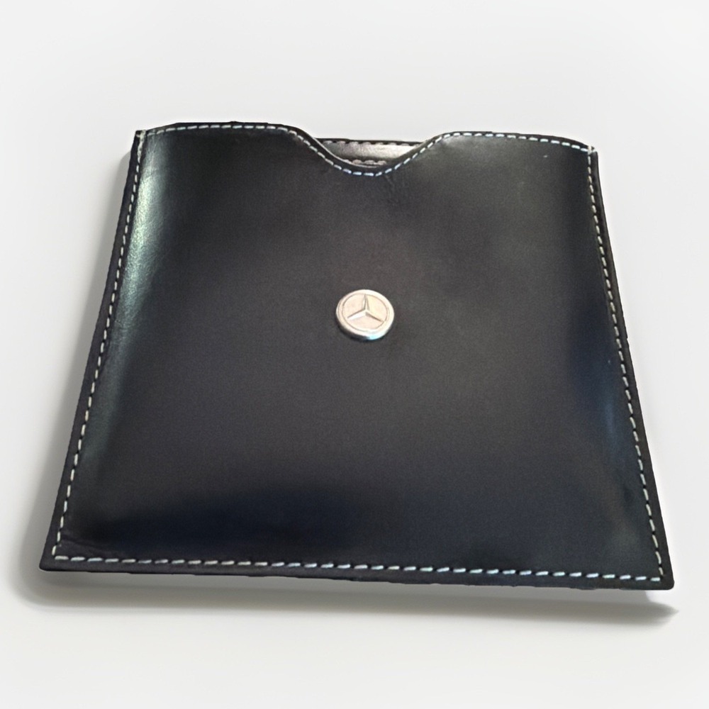 Vintage travel Compact Pocket Mirror Mercedes-Benz square black leather rare